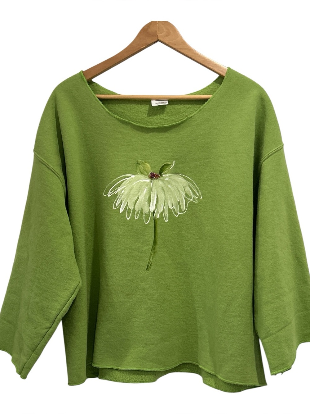 Upcycled Hand-Painted Green Slouchy Sweatshirt Beaded Daisy Boho Art - L